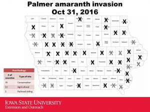 First findings of Palmer amaranth in Iowa counties as of October 31, 2016, according to whether they were introduced to conservation land or agricultural land, or railroad siding.